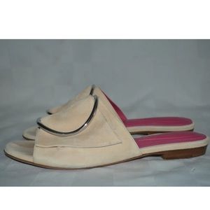 Sz 37 6.5 Oscar Tiye Beige Nude Suede Sade Silver Ring Flats Slides